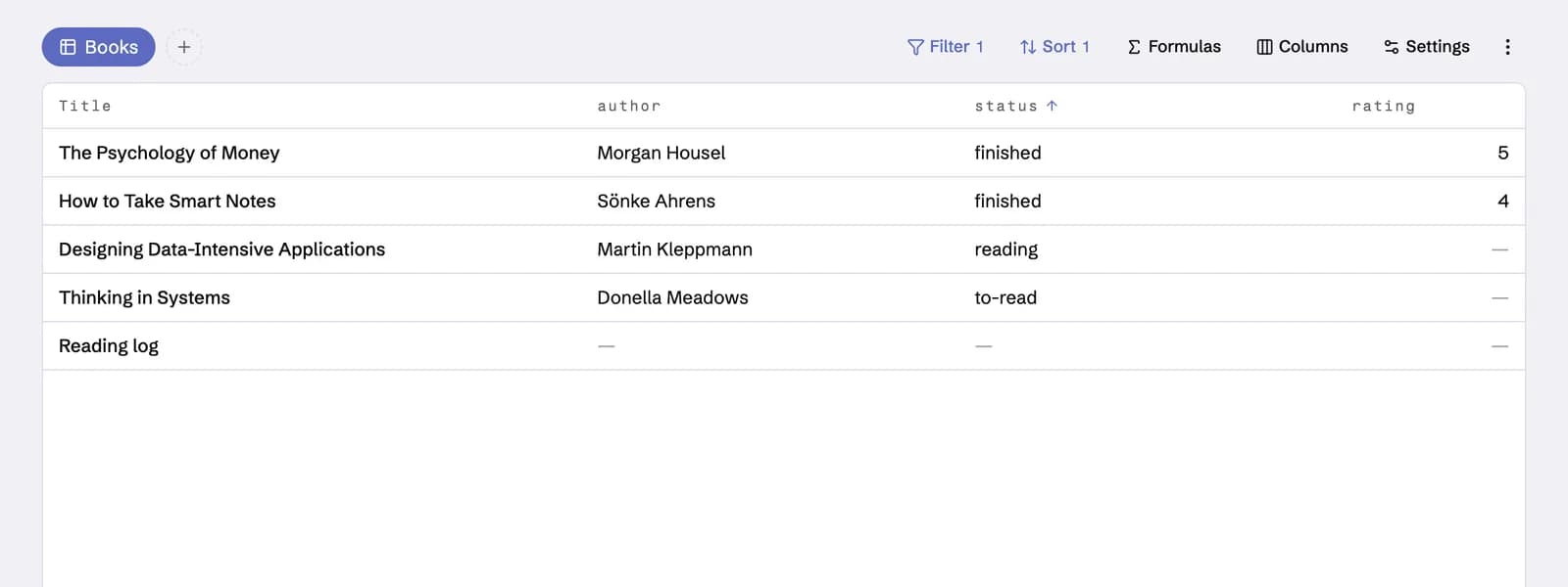 A Reading log base: a table of book notes with author, status and rating columns