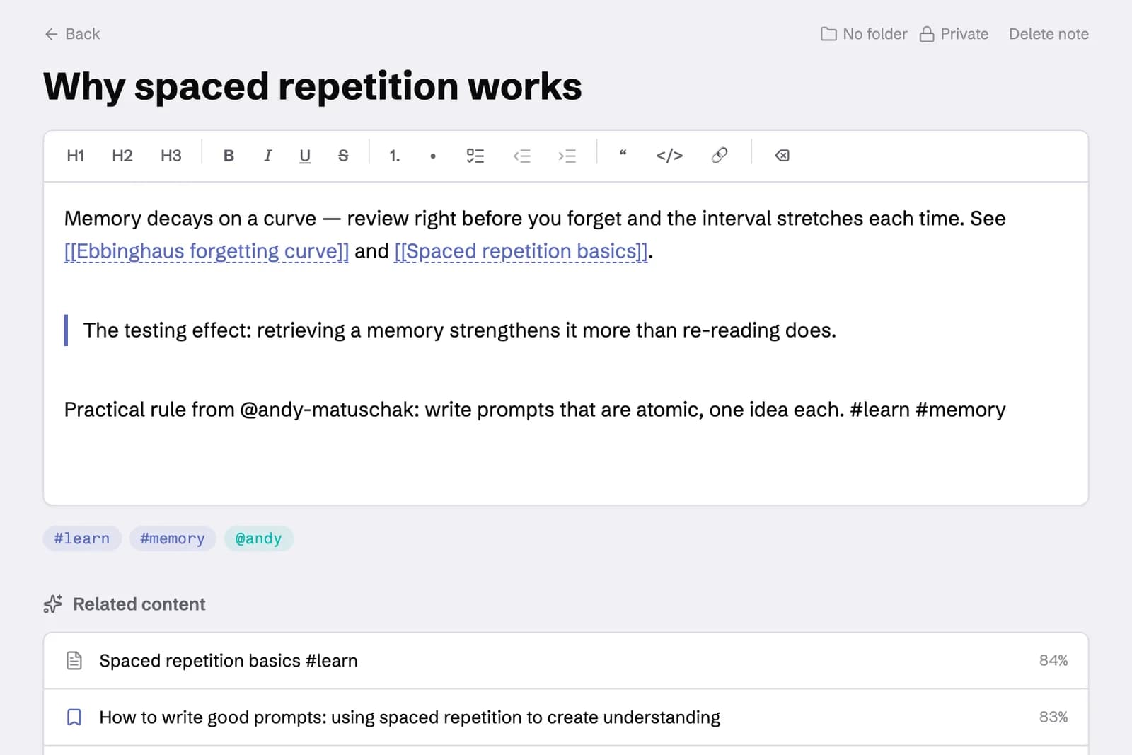 A note in the Dexi editor with wiki links to two other notes, a quoted highlight, hashtags and a list of related notes