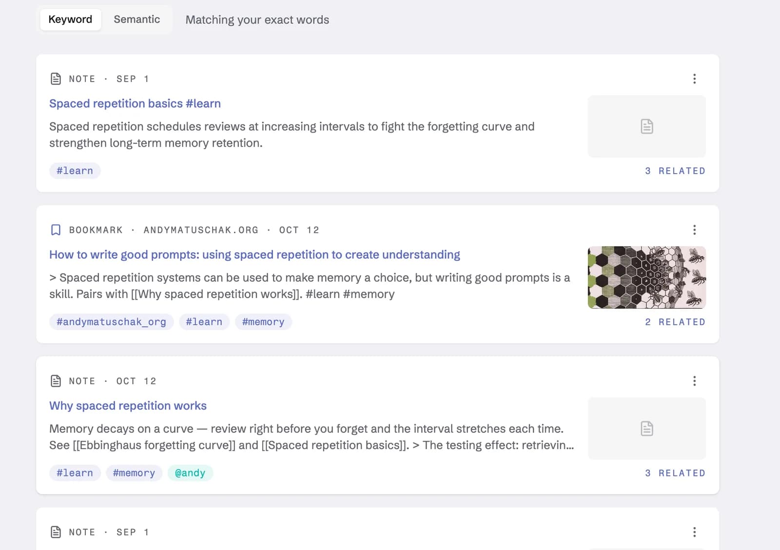 Search results in Dexi for 'spaced repetition': a note, a saved article and two related notes, with keyword and semantic modes