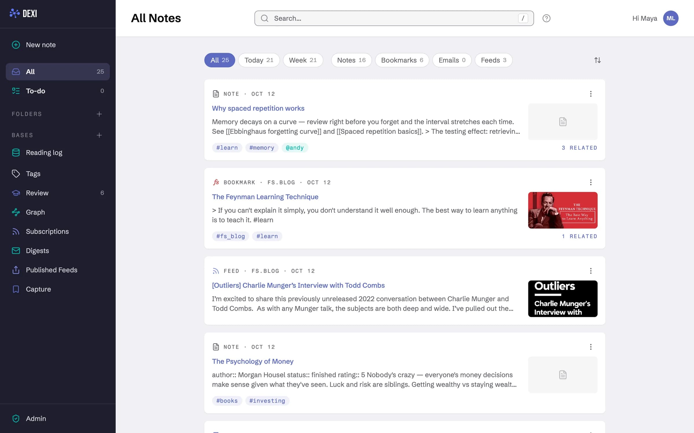 The Dexi workspace: a note on spaced repetition, a saved article from fs.blog and a podcast episode from an RSS feed, all in one list with tags